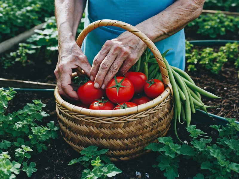 Hände ernten Tomaten und grüne Bohnen in einen Korb